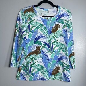 J. McLAUGHLIN Limited Edition 3/4 Sleeve Top Medium Tropical Lion Jungle Resort